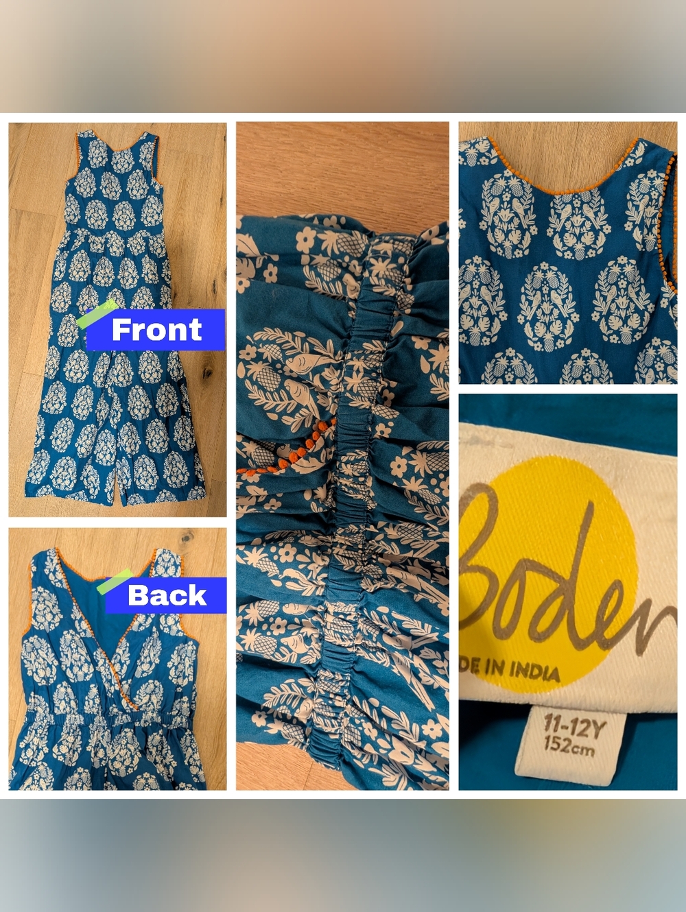 Blue Floral Bird Mini Boden 11-12Y  Sleeveless Jumpsuit with Pockets